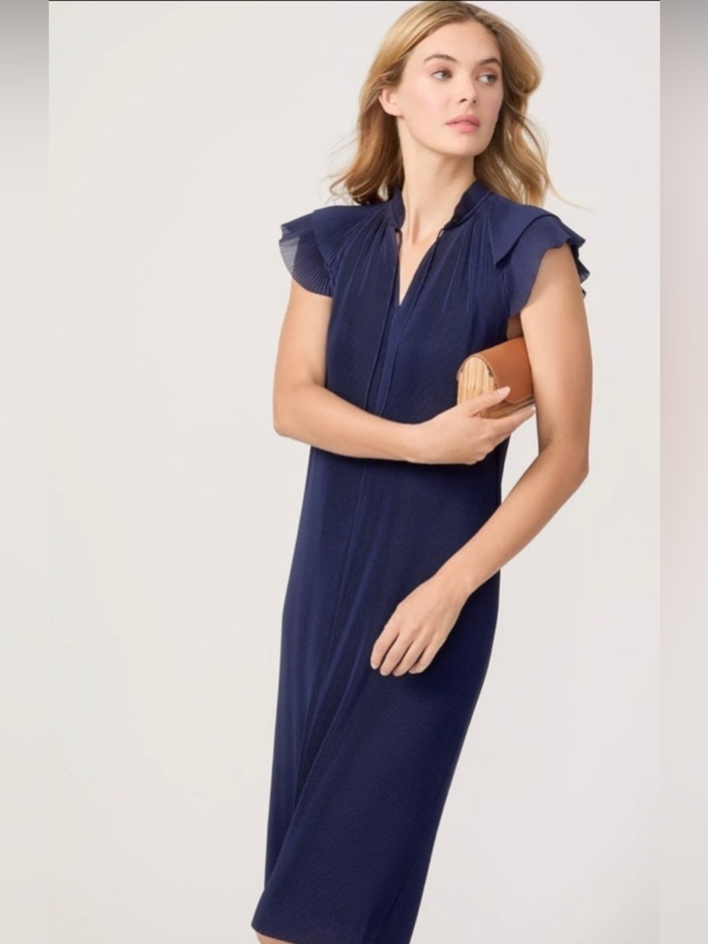 J. McLaughlin Aisha Navy Blue Flutter Sleeve Pleated Knee Length Dress Medium M